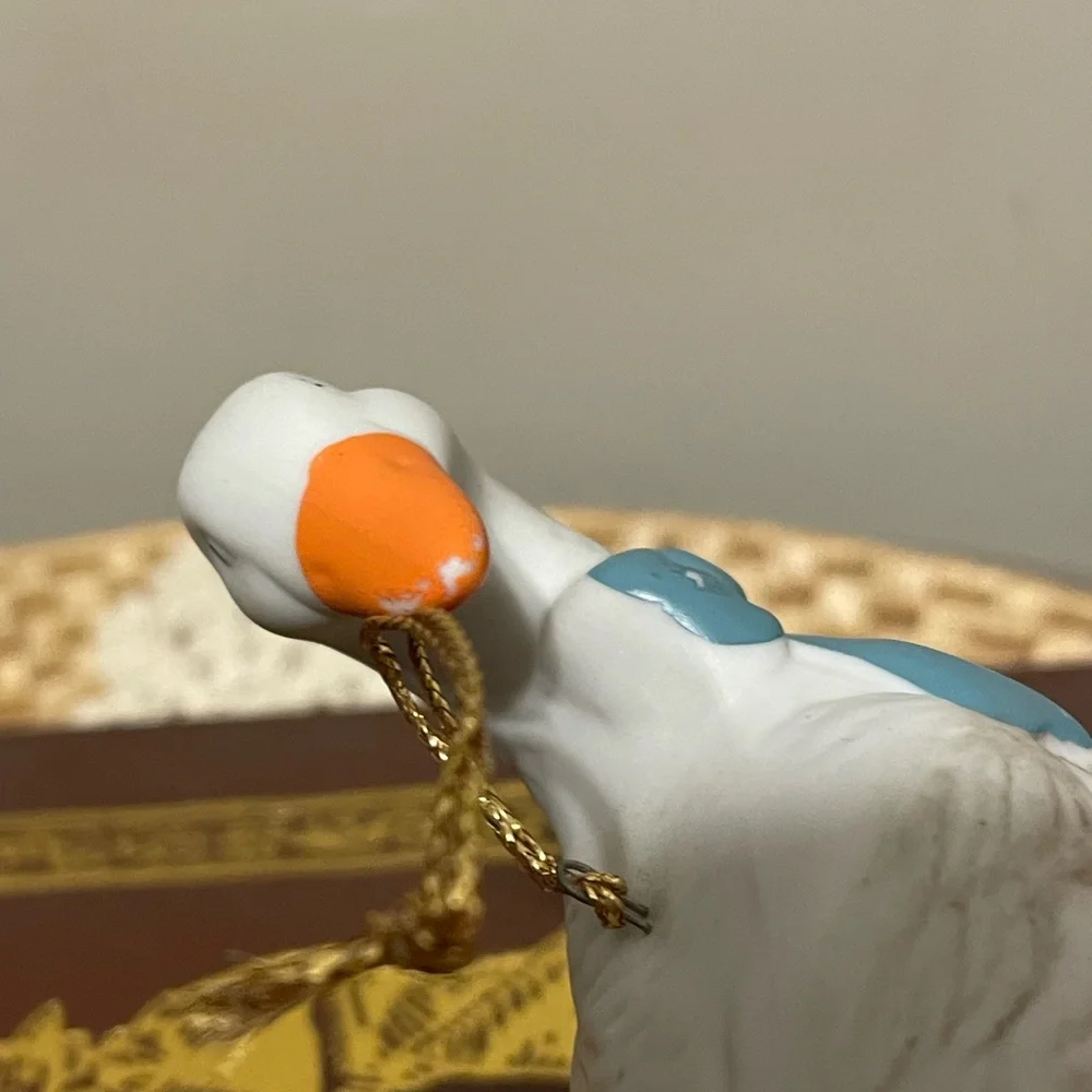Vintage Blue Bow Geese Bisque Ornaments Set of Two